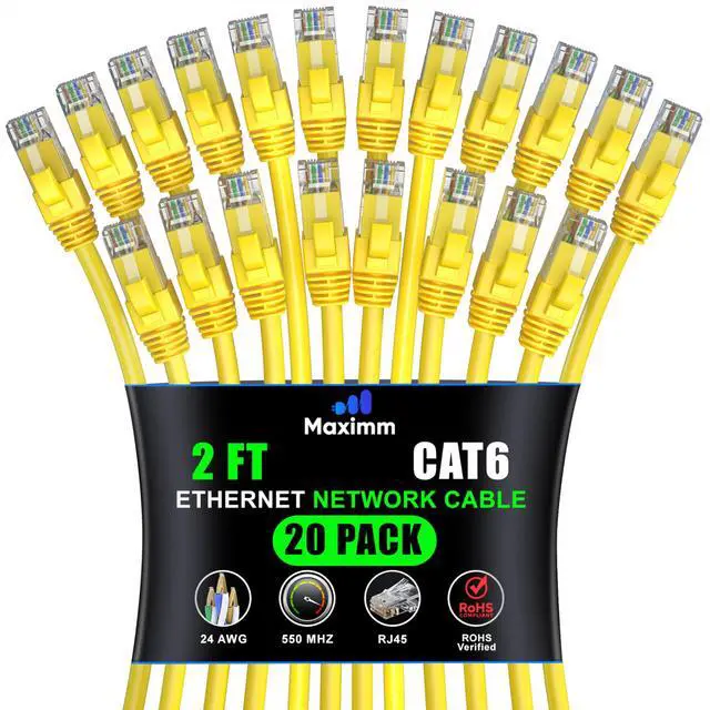 Main image of Maximm Cat 6 Ethernet Cable 2 ft (20-Pack) - High-Speed LAN Cable, Internet Cable, Patch Cable, and Network Cable - UTP, 10Gbps, 550MHz Ethernet Cord - Yellow