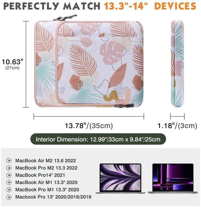 Alt view image 2 of 5 - MoKo Laptop Sleeve Bag for 13.3-14 Inch, Notebook Carrying Case with Pocket Fits New MacBook Pro M3/M2 14" /13" M2/M1 Pro/M1 Max 14.2 2023-2021/Air 13.6" M2 2022, Surface Pro 9/8 13", Tropical Leaf