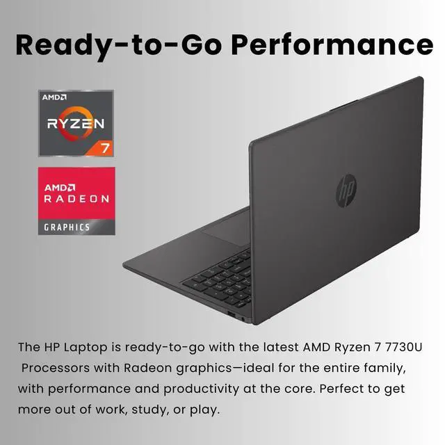 Alt view image 3 of 5 - HP 255 G10 15.6" FHD Business Laptop, AMD Ryzen 7 7730U, 64GB RAM, 2TB PCIe SSD, Numeric Keypad, Webcam, Wi-Fi 6, HDMI, Windows 11 Pro, Black