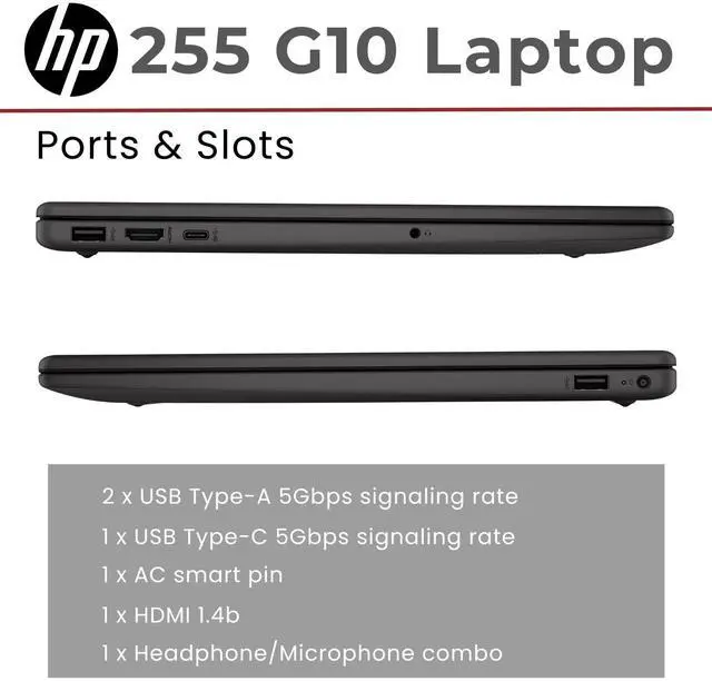 Alt view image 5 of 5 - HP 255 G10 15.6" FHD Business Laptop, AMD Ryzen 7 7730U, 64GB RAM, 2TB PCIe SSD, Numeric Keypad, Webcam, Wi-Fi 6, HDMI, Windows 11 Pro, Black