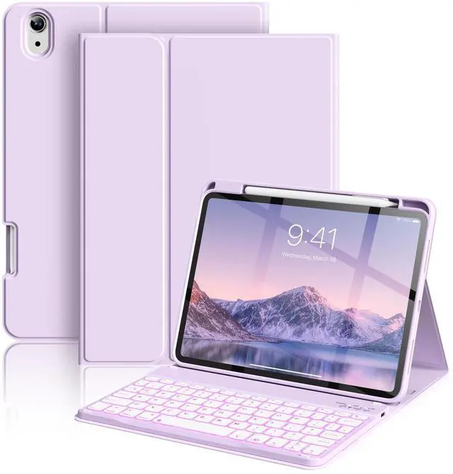 Main image of aoub Keyboard Case for iPad 11th (A16) / 10th Generation 11/10.9 Inch 2025/2022 with Pencil Holder - 7 Colors Backlit, Wireless Detachable Folio Keyboard Soft TPU Back Cover - Purple