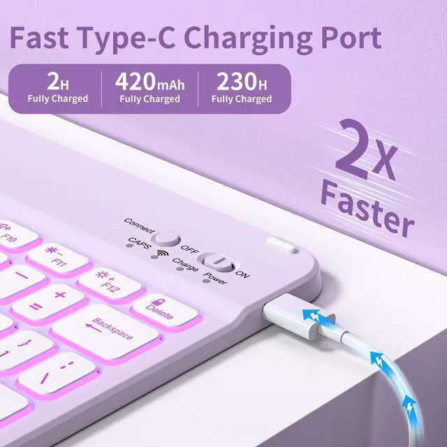 Alt view image 3 of 5 - aoub Keyboard Case for iPad 11th (A16) / 10th Generation 11/10.9 Inch 2025/2022 with Pencil Holder - 7 Colors Backlit, Wireless Detachable Folio Keyboard Soft TPU Back Cover - Purple