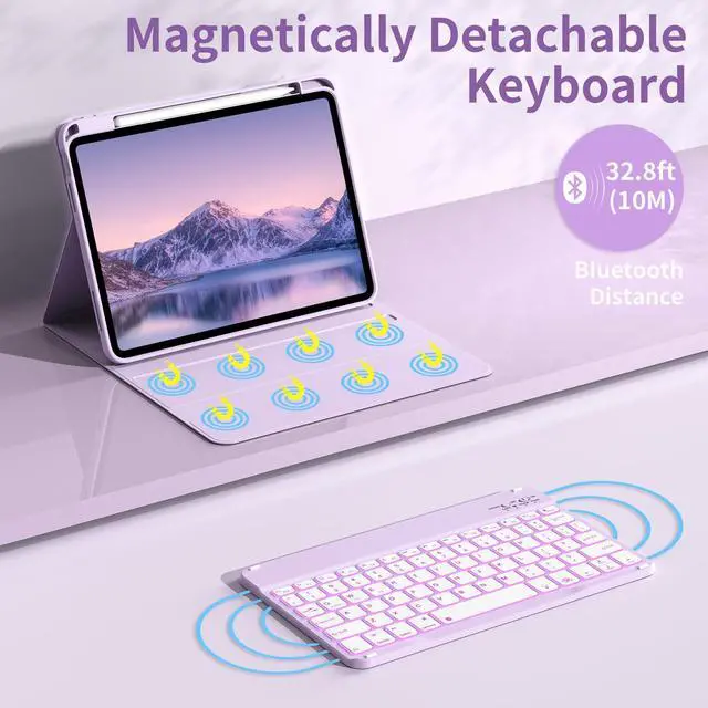 Alt view image 5 of 5 - aoub Keyboard Case for iPad 11th (A16) / 10th Generation 11/10.9 Inch 2025/2022 with Pencil Holder - 7 Colors Backlit, Wireless Detachable Folio Keyboard Soft TPU Back Cover - Purple