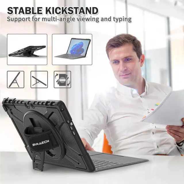 Alt view image 4 of 5 - BRAECNstock for Microsoft Surface Pro 8 Case 13 inch 2021 Shockproof Rugged Case for Surface Pro 8 with Rotating Hand Strap & Kickstand Built in Pen Holder Compatible with Type Cover Keyboard - Black