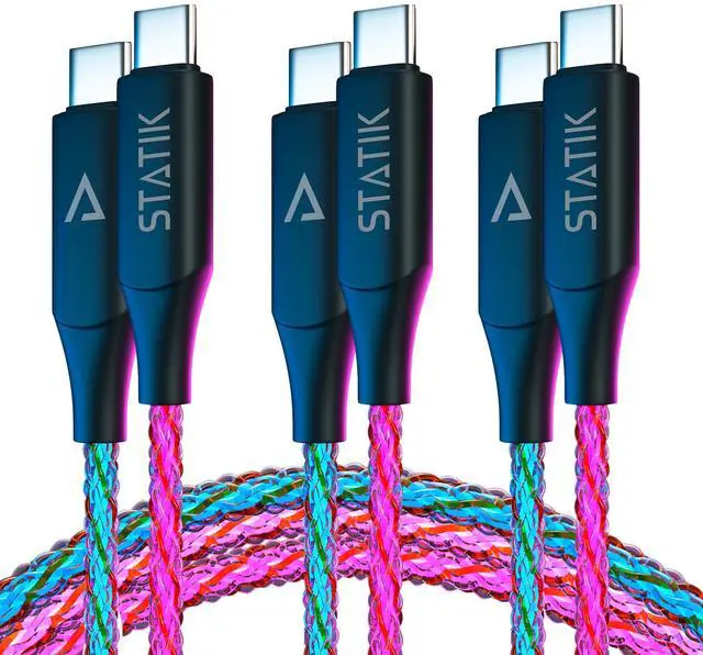 Main image of Statik GloBright Braided LED Charging Cable - Glowing Super Fast 100W Light Up Cable, Data Transfer, Lighted Phone Charger Cord - 6FT/2M, Type USB C to USB C 3-Pack