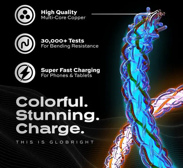 Alt view image 2 of 5 - Statik GloBright Braided LED Charging Cable - Glowing Super Fast 100W Light Up Cable, Data Transfer, Lighted Phone Charger Cord - 6FT/2M, Type USB C to USB C 3-Pack