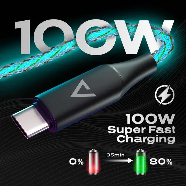 Alt view image 4 of 5 - Statik GloBright Braided LED Charging Cable - Glowing Super Fast 100W Light Up Cable, Data Transfer, Lighted Phone Charger Cord - 6FT/2M, Type USB C to USB C 3-Pack