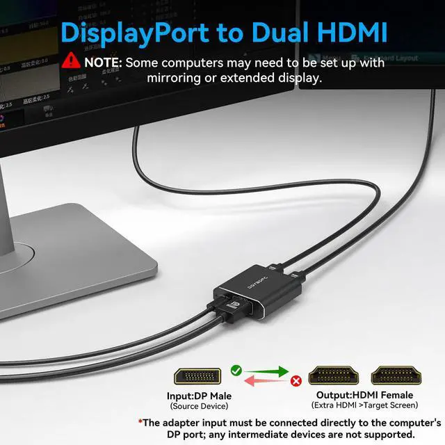 Alt view image 3 of 5 - DGYBDFC 4K60Hz Displayport to Dual HDMI Adapter for PC Laptop Graphics Card DP 1.4 to 2 HDMI2.0 Monitors Extension Display Displayport to HDMI Splitter 1 in 2 Out Hub MST Extend Mode for Windows Only