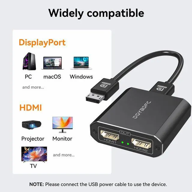 Alt view image 5 of 5 - DGYBDFC 4K60Hz Displayport to Dual HDMI Adapter for PC Laptop Graphics Card DP 1.4 to 2 HDMI2.0 Monitors Extension Display Displayport to HDMI Splitter 1 in 2 Out Hub MST Extend Mode for Windows Only