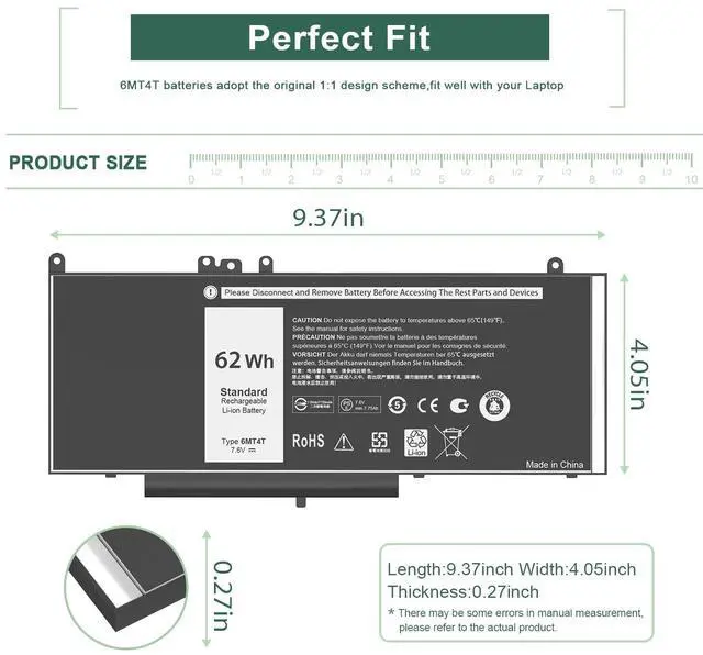 Alt view image 2 of 5 - YOBVTBF 6MT4T Battery E5470 E5570 Battery Compatible with Dell Latitude14 5470 E5470 15 5570 E5570 Precision 15 3510 M3510 Series 7V69Y TXF9M 79VRK 07V69Y 0HK6DV 079VRK 0TXF9M 7.6V 62WH