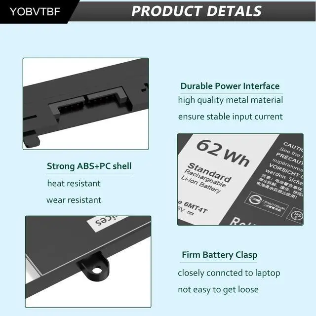 Alt view image 4 of 5 - YOBVTBF 6MT4T Battery E5470 E5570 Battery Compatible with Dell Latitude14 5470 E5470 15 5570 E5570 Precision 15 3510 M3510 Series 7V69Y TXF9M 79VRK 07V69Y 0HK6DV 079VRK 0TXF9M 7.6V 62WH