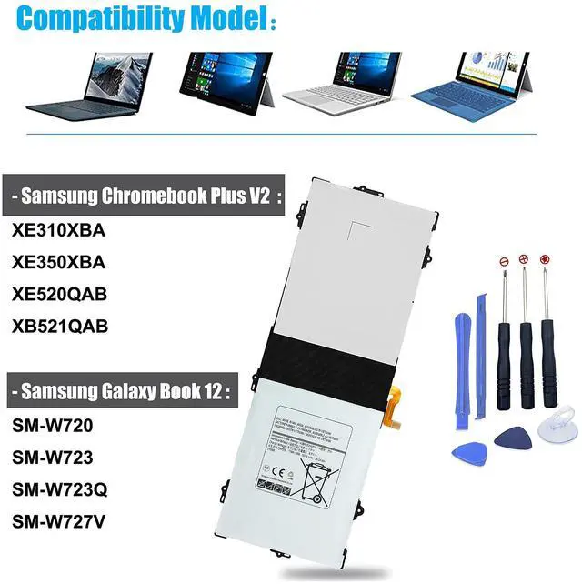 Alt view image 2 of 5 - EB-BW720ABE Battery EB-BW720ABA for Samsung Chromebook Plus V2 XE310XBA XE350XBA XE520QAB XB521QAB XE525QBB XE520QAA K01US K02US K03US K04US KA1US KB1US KC2US;SM-W720 W723 W723Q BA43-00390A AA-PBMN2H0