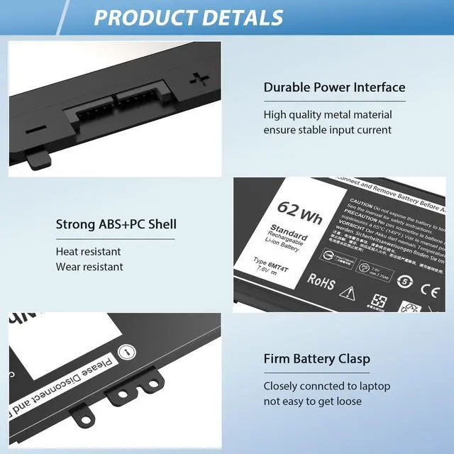 Alt view image 5 of 5 - COWOOGMZ Latitude E5470 E5570 Battery 6MT4T Battery Replacement for Dell Latitude 14 5470 E5470 15 5570 E5570 Precision 15 3510 M3510 Series Notebook 7V69Y TXF9M 79VRK HK6DV 07V69Y(7.6V 62WH)