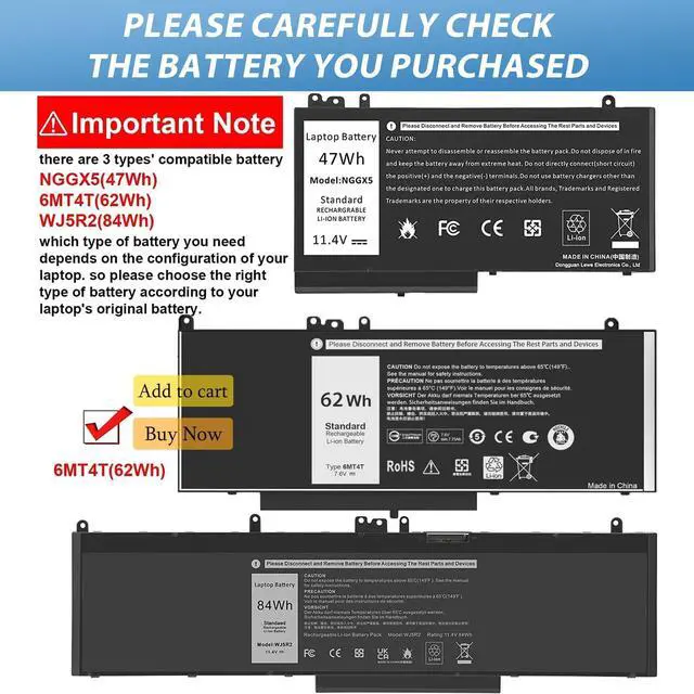Alt view image 3 of 5 - COWOOGMZ Latitude E5470 E5570 Battery 6MT4T Battery Replacement for Dell Latitude 14 5470 E5470 15 5570 E5570 Precision 15 3510 M3510 Series Notebook 7V69Y TXF9M 79VRK HK6DV 07V69Y(7.6V 62WH)
