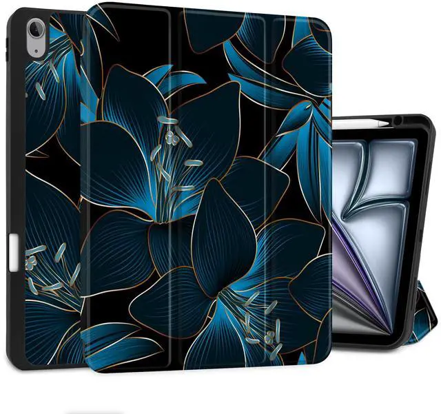 Main image of DONGKE for iPad Air 13 Inch Case M3 2025, M2 2024 - [Built-in Pencil Holder] Slim Trifold Stand Shockproof Protective Cover with Soft TPU Back Support Auto Sleep/Wake - Blue Lilies