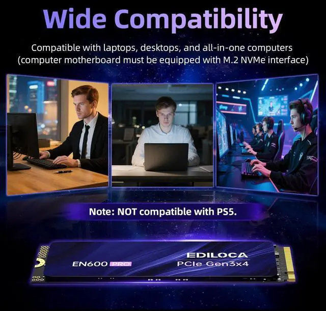 Alt view image 4 of 5 - Ediloca EN600 PRO SSD 512GB PCIe 3.0 Gen 3x4, NVMe M.2 2280, Up to 3200MB/s, Internal Solid State Drive, SLC Cache 3D NAND TLC, Graphene Cooling Sticker, Storage for PC, Desktop and Laptops