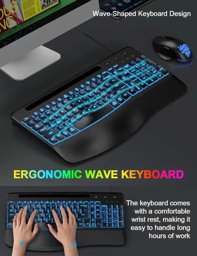 Alt view image 3 of 5 - 2 Pack Wireless Keyboard and Mouse Combo, EAYBLLY Wave Keys Wireless Ergonomic Keyboard with Cushioned Wrist Rest, Phone Holder, 2.4GHz Silent Cordless Keyboard Mouse Set