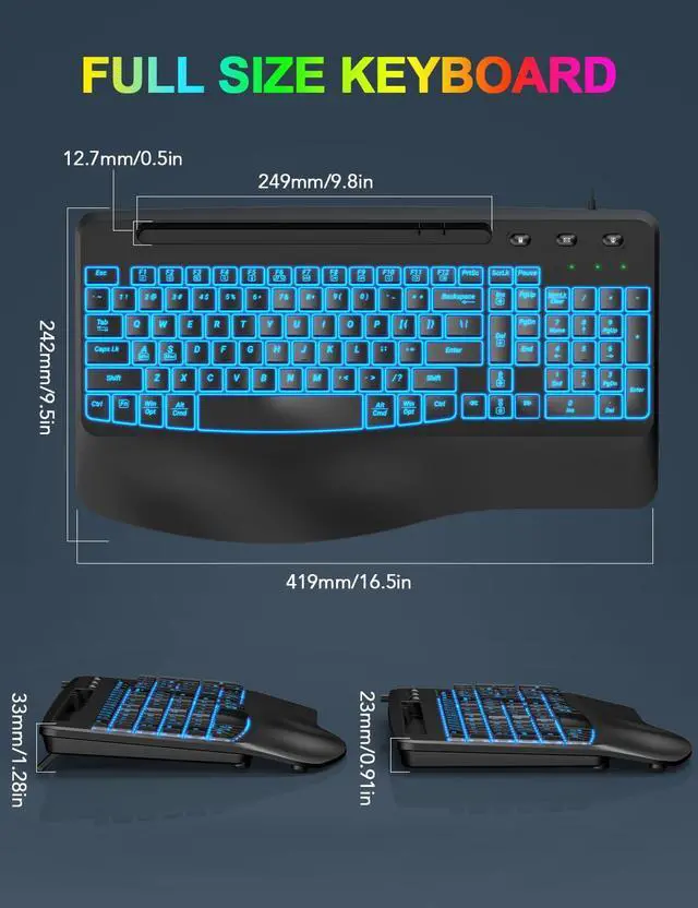Alt view image 5 of 5 - 2 Pack Wireless Keyboard and Mouse Combo, EAYBLLY Wave Keys Wireless Ergonomic Keyboard with Cushioned Wrist Rest, Phone Holder, 2.4GHz Silent Cordless Keyboard Mouse Set