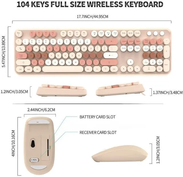 Alt view image 2 of 5 - Wireless Keyboard and Mouse Combo - Cute Round Keycaps, Full-Size Retro Typewriter Keyboard with 2.4GHz Plug & Play, for Windows 11/10/7, Laptop, PC, Notebook, Smart TV (Milk Tea)
