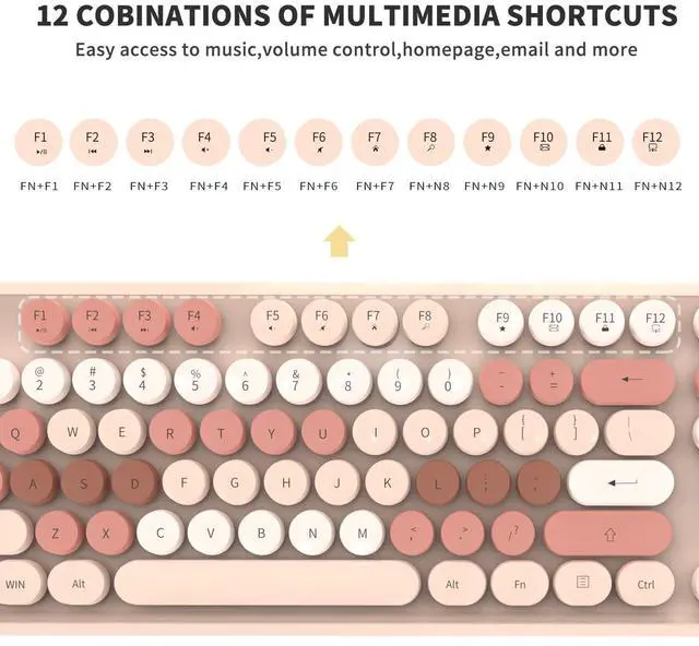 Alt view image 5 of 5 - Wireless Keyboard and Mouse Combo - Cute Round Keycaps, Full-Size Retro Typewriter Keyboard with 2.4GHz Plug & Play, for Windows 11/10/7, Laptop, PC, Notebook, Smart TV (Milk Tea)