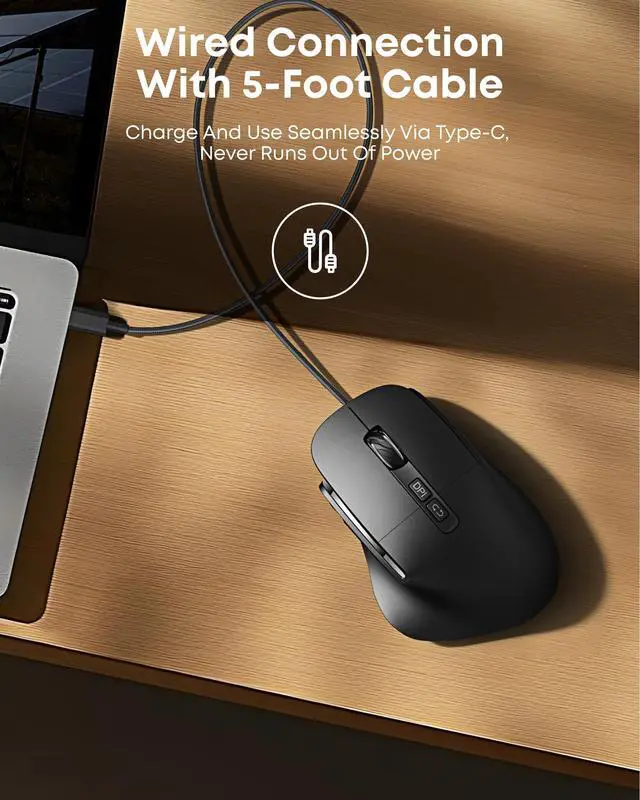 Alt view image 3 of 5 - Ghajz Ergonomic Rechargeable Mouse with Jiggler, Bluetooth+2.4G Wireless+Wired(3 in 1) Connection, Max 4800DPI, Rapid Fire Key, 5ft Charging Cable, Carpal Tunnel Silent Mice with LED for Office,Gaming