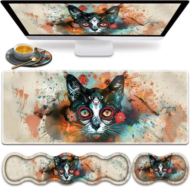 Main image of Large Gaming Mouse Pad, Keyboard Wrist Rest Pad + Mouse Wrist Pad + Coaster 4 in 1 Set, Extended Waterproof Non-Slip Desk Mat, Suitable for Office Home Learning Games, Artistic Cat Face