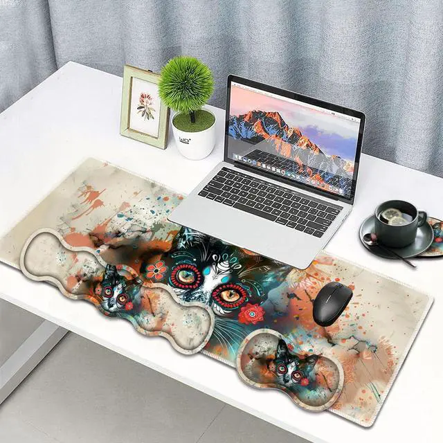 Alt view image 2 of 5 - Large Gaming Mouse Pad, Keyboard Wrist Rest Pad + Mouse Wrist Pad + Coaster 4 in 1 Set, Extended Waterproof Non-Slip Desk Mat, Suitable for Office Home Learning Games, Artistic Cat Face