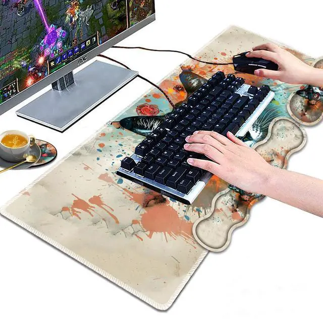 Alt view image 4 of 5 - Large Gaming Mouse Pad, Keyboard Wrist Rest Pad + Mouse Wrist Pad + Coaster 4 in 1 Set, Extended Waterproof Non-Slip Desk Mat, Suitable for Office Home Learning Games, Artistic Cat Face