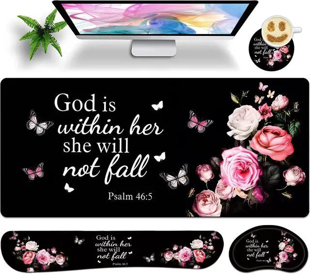 Main image of JYCUHTCL Large Gaming Mouse Pad Set 35.4 x 15.7 with Keyboard Wrist Rest, Wrist Support, and Coaster Memory Foam Smooth Desk Pad Mousepad for Home Office School - Floral Bible