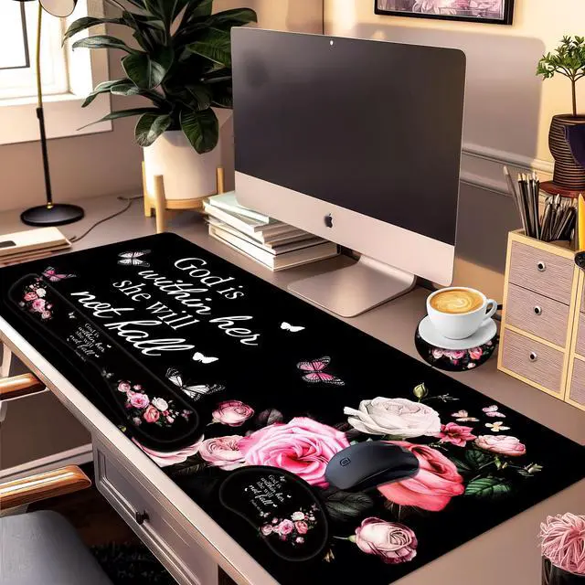 Alt view image 2 of 5 - JYCUHTCL Large Gaming Mouse Pad Set 35.4 x 15.7 with Keyboard Wrist Rest, Wrist Support, and Coaster Memory Foam Smooth Desk Pad Mousepad for Home Office School - Floral Bible