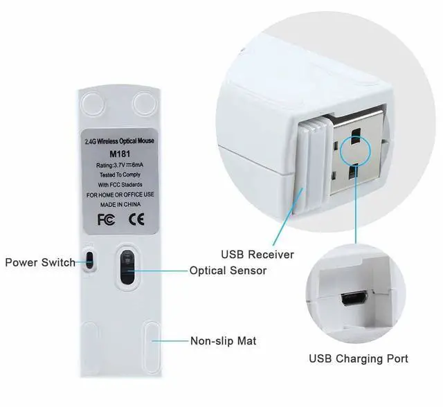 Alt view image 5 of 5 - Justdfine Wireless Mini Rechargeable Travel Mouse, 2.4G Ultra Slim Portable Computer Mouse with Receiver Storage for Laptop/PC/Mac - White