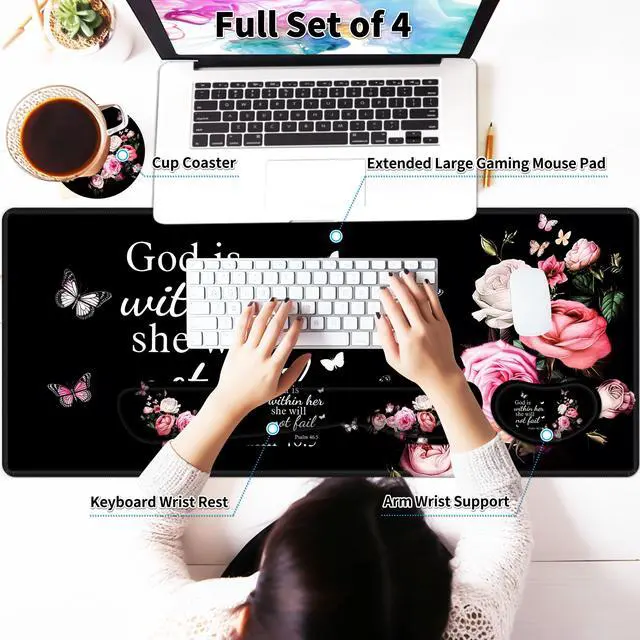 Alt view image 3 of 5 - JYCUHTCL Large Gaming Mouse Pad Set 35.4 x 15.7 with Keyboard Wrist Rest, Wrist Support, and Coaster Memory Foam Smooth Desk Pad Mousepad for Home Office School - Floral Bible