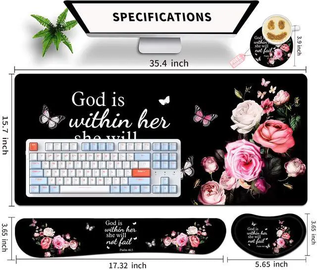 Alt view image 5 of 5 - JYCUHTCL Large Gaming Mouse Pad Set 35.4 x 15.7 with Keyboard Wrist Rest, Wrist Support, and Coaster Memory Foam Smooth Desk Pad Mousepad for Home Office School - Floral Bible