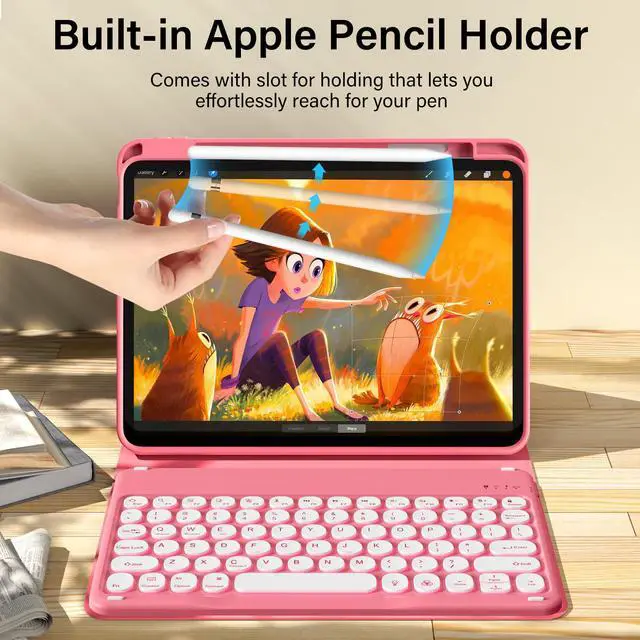 Alt view image 4 of 5 - kenke for iPad 11/10th Gen Case with Keyboard 11/10.9 inch 2025 A16/2022, Detachable Wireless Bluetooth Keyboard Case with Right Side Pencil Holder, Backlit White Colored Circular Keycaps (Pink)