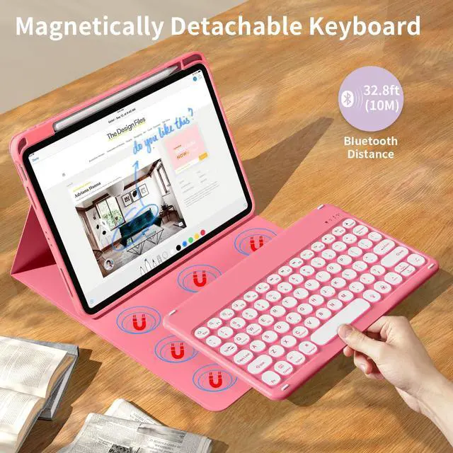 Alt view image 3 of 5 - kenke for iPad 11/10th Gen Case with Keyboard 11/10.9 inch 2025 A16/2022, Detachable Wireless Bluetooth Keyboard Case with Right Side Pencil Holder, Backlit White Colored Circular Keycaps (Pink)