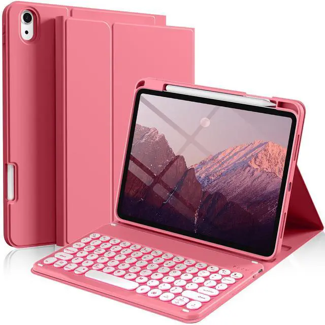 Main image of kenke for iPad 11/10th Gen Case with Keyboard 11/10.9 inch 2025 A16/2022, Detachable Wireless Bluetooth Keyboard Case with Right Side Pencil Holder, Backlit White Colored Circular Keycaps (Pink)
