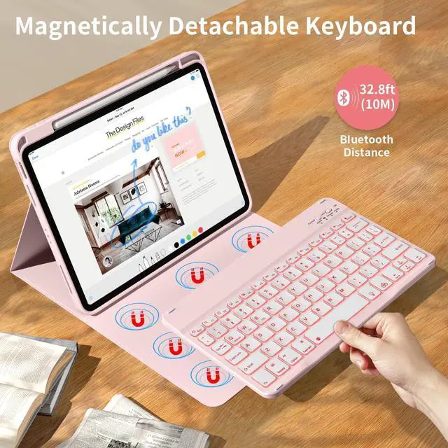 Alt view image 2 of 5 - kenke for iPad 11/10th Gen Case with Keyboard 11/10.9 inch 2025 A16/2022, Detachable Wireless Bluetooth Keyboard Case with Right Side Pencil Holder, Backlit White Square Keycaps (Light Pink)