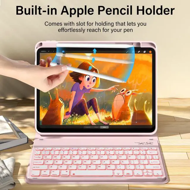 Alt view image 3 of 5 - kenke for iPad 11/10th Gen Case with Keyboard 11/10.9 inch 2025 A16/2022, Detachable Wireless Bluetooth Keyboard Case with Right Side Pencil Holder, Backlit White Square Keycaps (Light Pink)