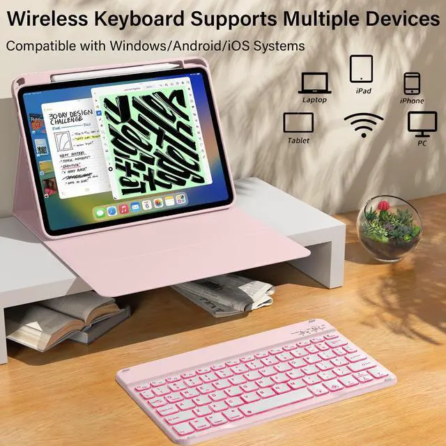 Alt view image 5 of 5 - kenke for iPad 11/10th Gen Case with Keyboard 11/10.9 inch 2025 A16/2022, Detachable Wireless Bluetooth Keyboard Case with Right Side Pencil Holder, Backlit White Square Keycaps (Light Pink)