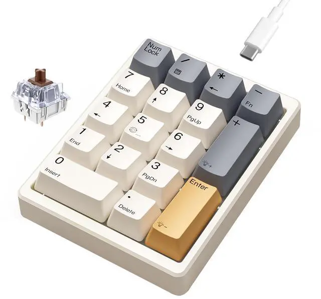 Main image of Kisnt Mechanical Number Pad,Hot Swappable Numpad Wired USB 17 Keys Keypad White Backlit Numeric Keypad with PBT Keycaps for Laptop PC Compact Keyboards (Retro Beige, Brown Switch)