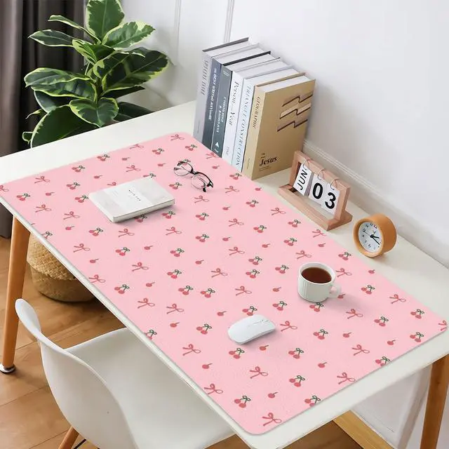 Alt view image 2 of 5 - BlHMCASE Cute Kawaii Bow Cherry Pink Extended Gaming Keyboard Mouse Pad, Non-Slip Leather Home Office Desk Mat Protector, Laptop Desk Pad Writing Pad