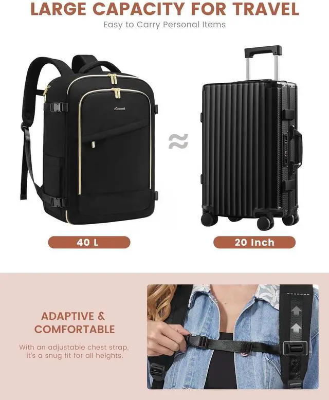 Alt view image 3 of 5 - LOVEVOOK Travel Backpack for Women, 40L Carry On Backpack for Airplanes, Personal Item Bag for Airlines Fits 17 inch Laptop,TSA Approved Luggage with 3 Packing Cubes,Waterproof Weekender Gym back pack