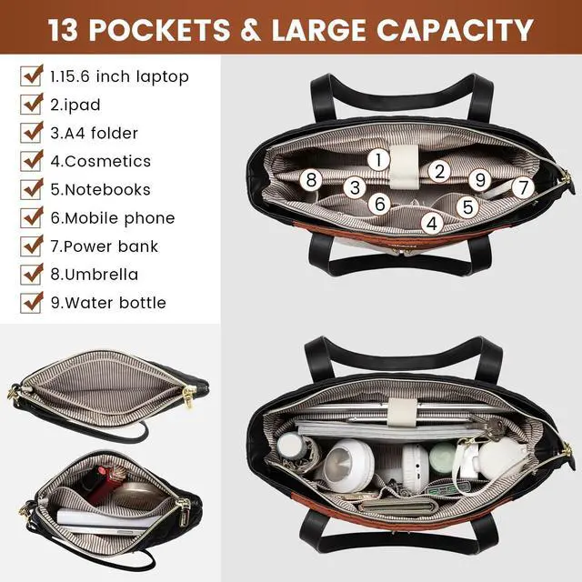 Alt view image 2 of 5 - LOVEVOOK Laptop Bag for Women 15.6 inch,Diamond Quilted Work Tote Bags Womens Laptop Computer Shoulder Bags,Stylish Travel Tote Bags Laptop Purse Briefcase Handbag with Clutch Purse,Brown-Black-White
