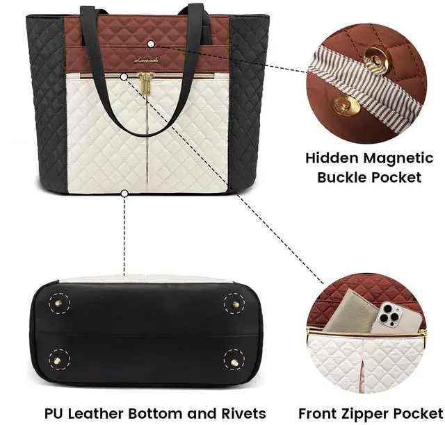 Alt view image 4 of 5 - LOVEVOOK Laptop Bag for Women 15.6 inch,Diamond Quilted Work Tote Bags Womens Laptop Computer Shoulder Bags,Stylish Travel Tote Bags Laptop Purse Briefcase Handbag with Clutch Purse,Brown-Black-White
