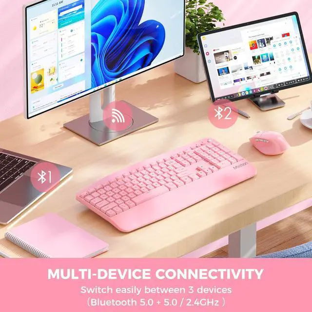 Alt view image 2 of 5 - MEETION Wireless Keyboard and Mouse, Bluetooth Ergonomic Keyboard with Wrist Rest, Multi-Device, 3-Level DPI Wireless Mouse for Windows/MacLaptop/Computer/PC/iPad/Andriod, Pink