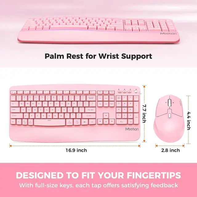Alt view image 5 of 5 - MEETION Wireless Keyboard and Mouse, Bluetooth Ergonomic Keyboard with Wrist Rest, Multi-Device, 3-Level DPI Wireless Mouse for Windows/MacLaptop/Computer/PC/iPad/Andriod, Pink