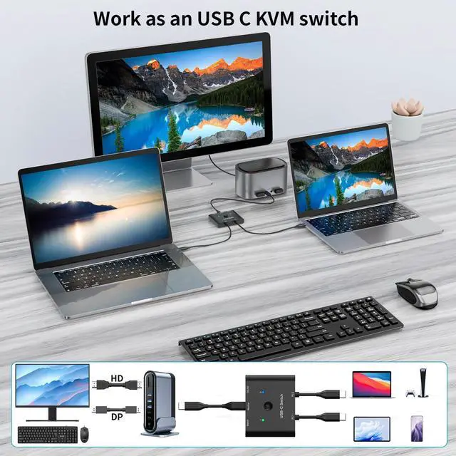 Alt view image 3 of 5 - USB C Switch,Bi-Directional USB C Switcher 2 Computers,MLEEDA USB Type C KVM Switch 8K@60Hz 4K@120Hz Video/10Gbps Data Transfer/100W Charging,Compatible with Thunderbolt Device,2 USB-C Cables Included