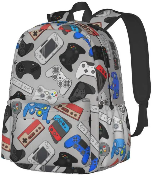 Main image of Oplp Video Game Controller Grey Background Large Capacity Backpack Colorful Gamepad Lightweight Personalized Laptop Bag Tablet Travel School Bag with Multiple Pockets