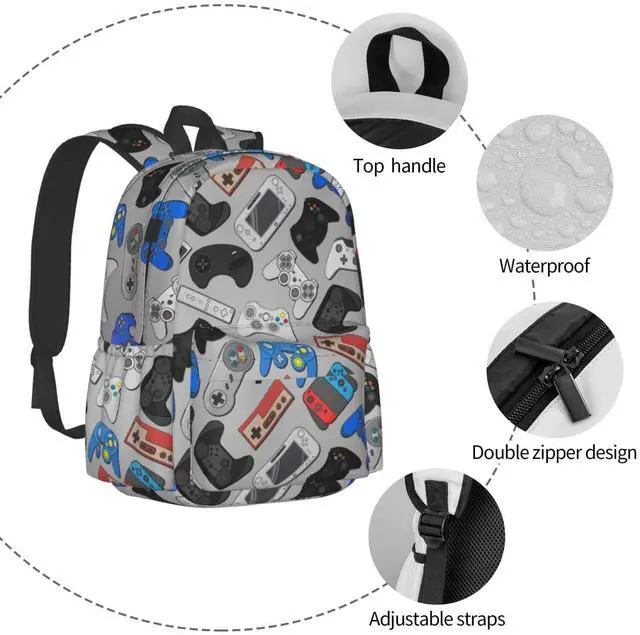 Alt view image 5 of 5 - Oplp Video Game Controller Grey Background Large Capacity Backpack Colorful Gamepad Lightweight Personalized Laptop Bag Tablet Travel School Bag with Multiple Pockets