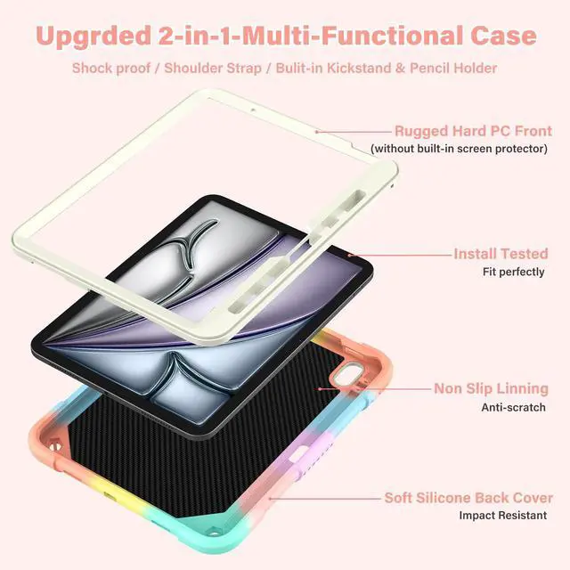 Alt view image 2 of 5 - Paorixln for iPad Air 11 Inch Case 2024 (M2) for Kids Girl with Pencil Slot, for iPad Air 6th Generation Cover with Butterfly Stand Stylus Pencil Shoulder Strap Shockproof Full Body Protective